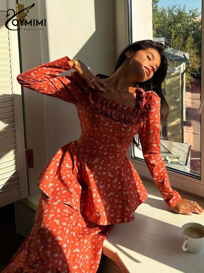 Oymimi Элегантный комплект из двух предметов с красным принтом для женщин модные