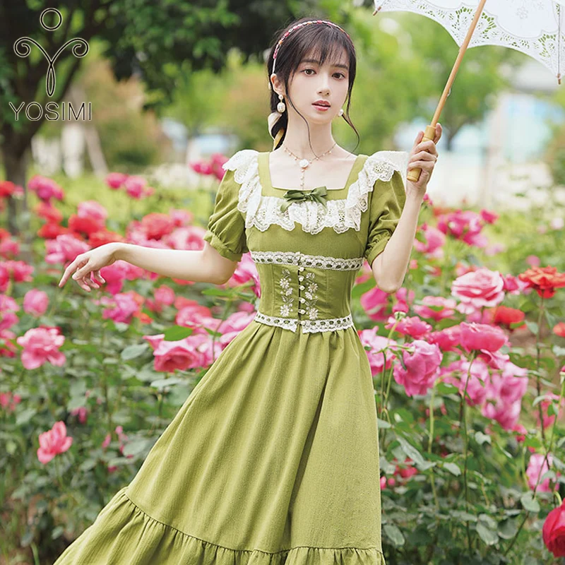 

YOSIMI 2023 Summer Patchwork Lace Long Women Dress Prairie Chic Square Collar Short Sleeve High Quality Light Green Long Dress