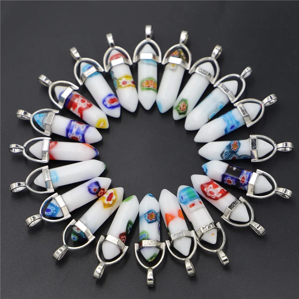 

New Thousand Flowers Glass Pillar Pendants Pendulum Hexagonal Healing Charms Bullet Necklace Making Accessories Wholesale 24PCS