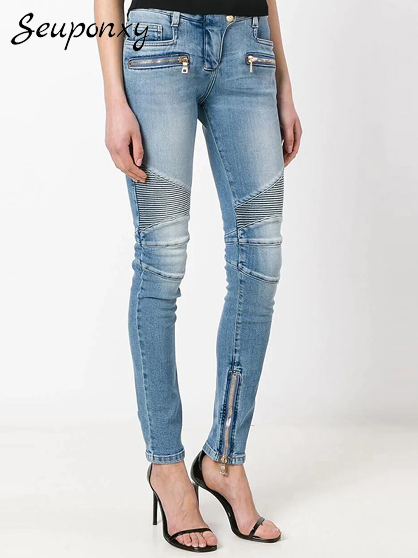 

High Quality 2022 Fall Washed Denim Bodycon Pencil Pants Women's Sexy High Waist Zipper Fashion High Street Denim Trousers