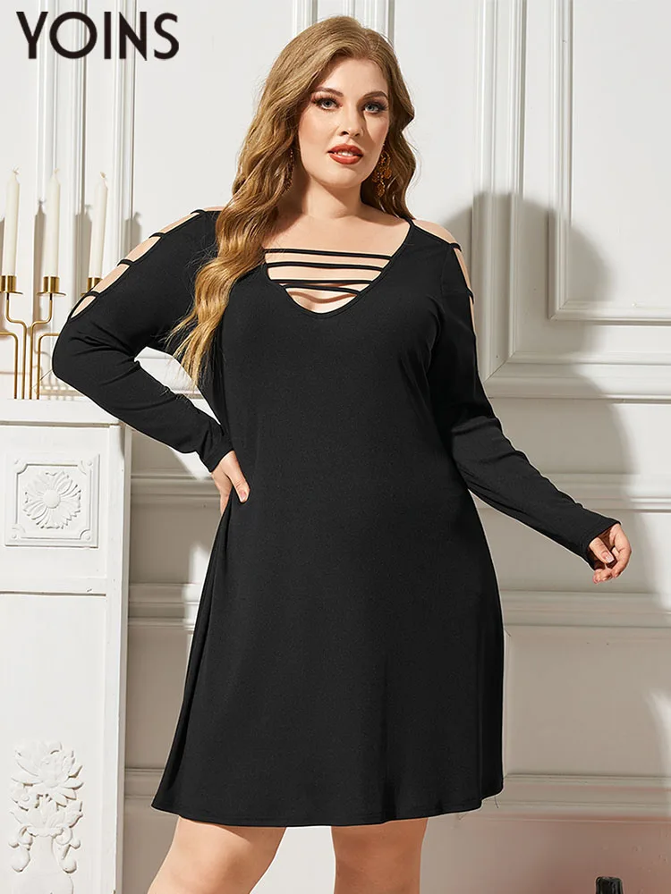 

YOINS Plus Size Dress Solid 2023 Long Sleeve Fashion Off Shlouder Women Dresses Spaghetti Strap Vestidos Party 4XL Sundress