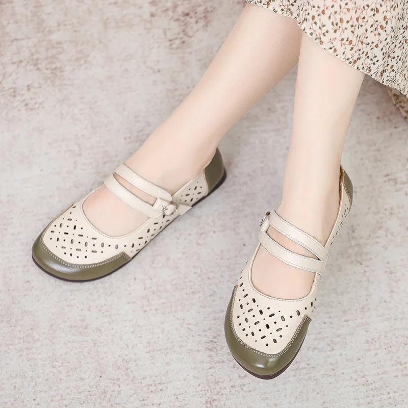 Xiuteng 2023 New Summer Cow Leather Sandals Women's Nurse Hole Shoes Women's Mother's Shoes Oxfordx Soft Bottom Flat Shoes