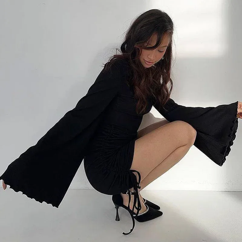 HOUZHOU женское сексуальное мини-платье осень 2024 новое черное элегантное облегающее