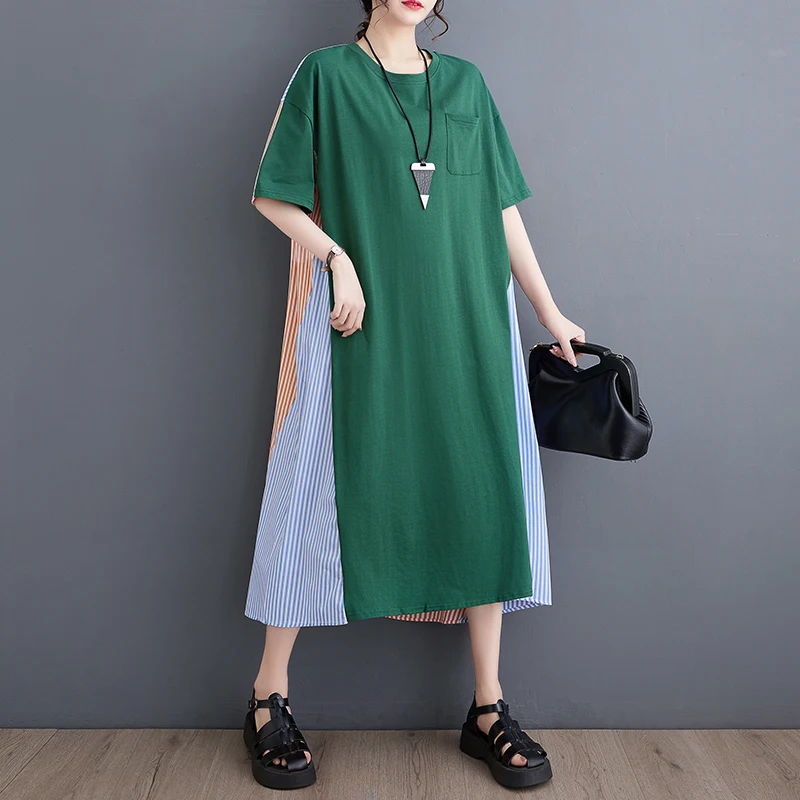 

SuperAen летнее Новое корейское свободное повседневное Полосатое контрастное платье-футболка с коротким рукавом Длинные платья для женщин