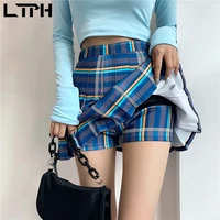 ltph vintage plaid skirts women college style high waist pleated skirt with inner lining for safety privacy 2022 spring new