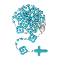 new trend blue marble rosary cross necklace christian virgin mary center jewelry accessories