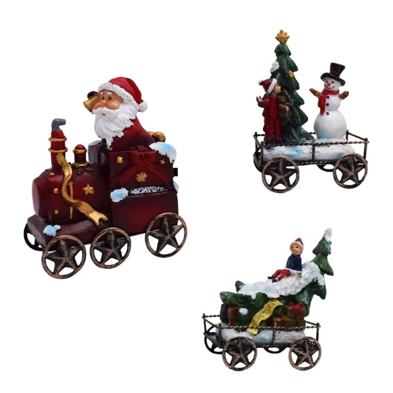 

3pcs Christmas Train Ornament Resin Mini Christmas Train with Snowman and Bear Images Festival Decorations