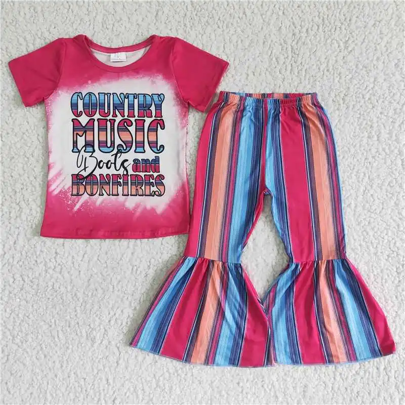 

H​ot Products Wholesale Fancy Kids Boutique Outfits Baby Toddler Clothes Sets Girls Striped Bell Bottoms