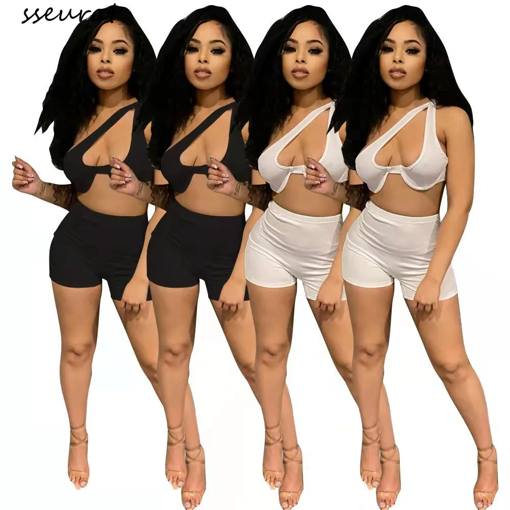 

SSEURAT Sexy Solid Color Hollow Out Tops and Shorts Two Piece Set Women Summer Tracksuit Outfits
