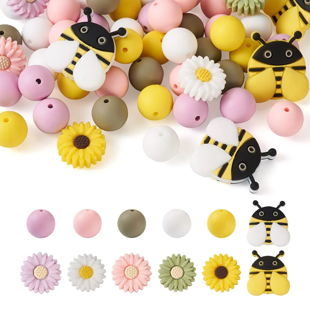 Silicone Beads Round & Daisy & Bees Shape Mixed Color for DIY Necklaces Bracelets Jewelry Making Craft Supplies