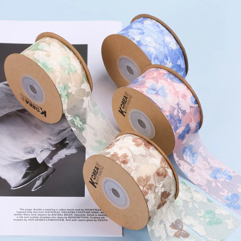 

New 25mm 38mm Lace Embroidery Ribbons for Wedding Bouquet Wrapping Flower DIY Hair Bow Packaging Material Hollow Printed Trim