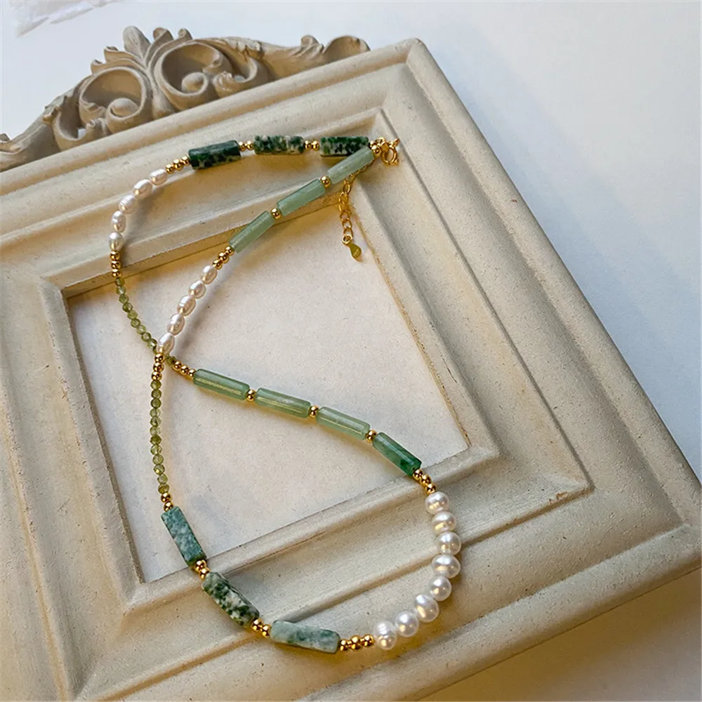 Ожерелье женское из натуральных жемчуга, нефрита ксюяня и перидота, серебро 925 пробы, винтажный национальный тренд, универсальное нишевое ожерелье для клавикулы.