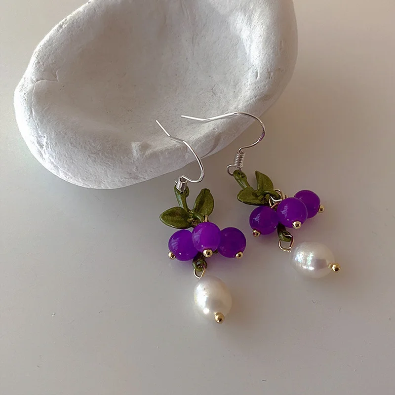 

ALLNEWME Romantic Irregular Freshwater Pearl Grape Long Drop Earrings for Women Femme Purple Color Resin Beads Earring Jewelry