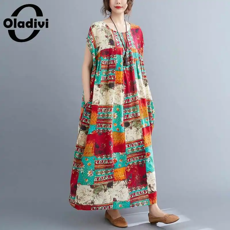 

Oladivi свободное женское платье из хлопка и льна, модные летние длинные платья с принтом, Женская туника, повседневные свободные платья, халат ...