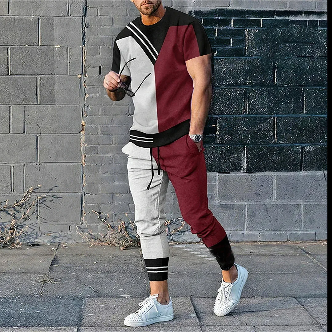 Summer New Men's Tshirt Trousers Two-Piece Set Male 3D Printed Striped Suit Fashion Streetwear Outfits Casual Clothing Oversized