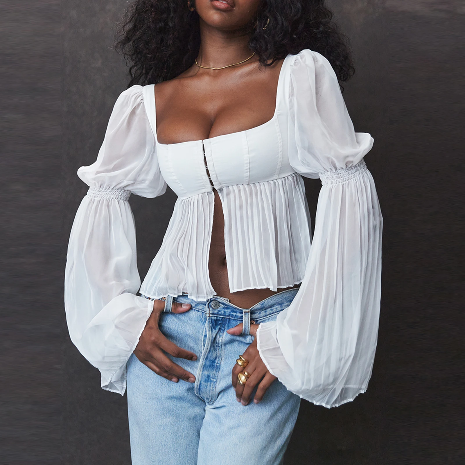 

Шифоновый топ с длинным рукавом и рукавом-фонариком, женский прозрачный белый плиссированный топ, однотонный наряд на пуговицах для отпуска