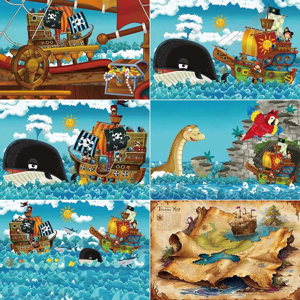 MOON.QG Pirate Ship Photography Backdrop World Map Wheel Sailing Photozone Background Children Studio Photobooth Props