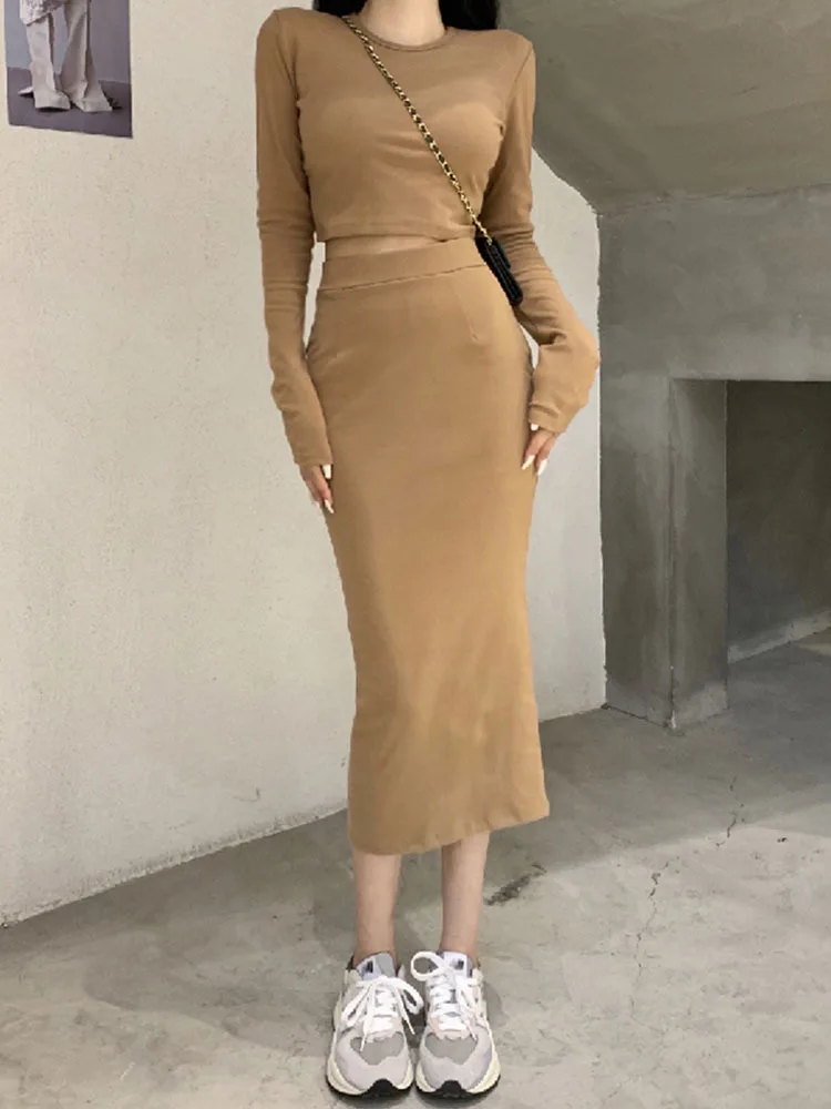 

Dress Sets Women Slim Solid Vintage Cropped Tops Spring Sexy Soft Temperament Trendy Ladies Harajuku Streetwear Casual All Match
