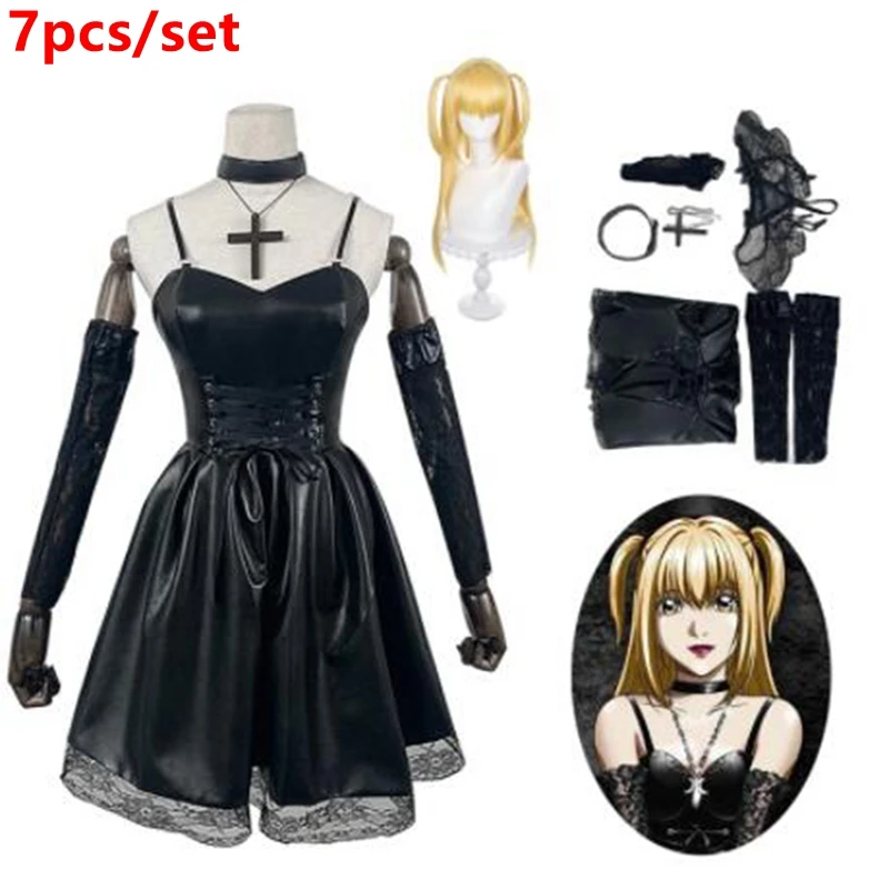 

Anime Death Note Cosplay Costume Misa Amane Imitation Leather Cosplay Costume Sexy Dress +gloves+stockings+necklace Uniform