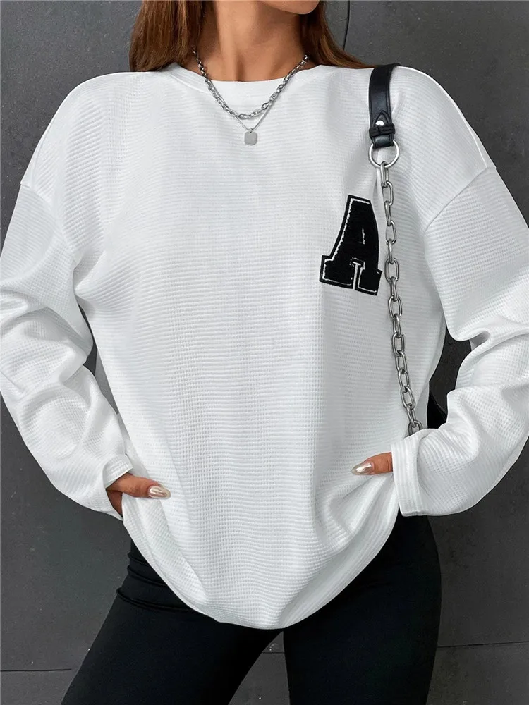 

High Steet Letter Patched Drop Shoulder Loose Tee Top Women Autumn Y2K Korean Fashion Oversize Long Sleeve Tshirt Streetwear