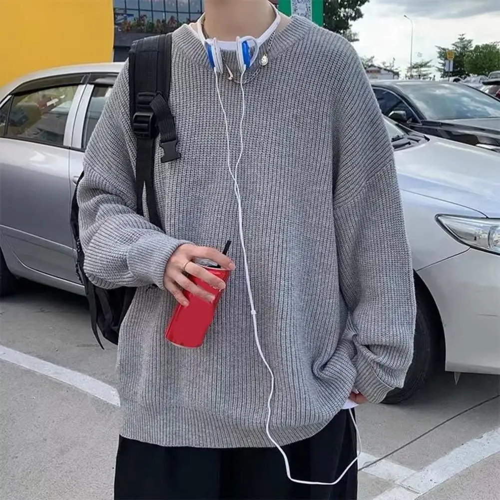 

Men Sweater Solid Color Long Sleeves Crew Neck Loose Knitwear Spring Autumn Knitting Pullover for Daily Wear