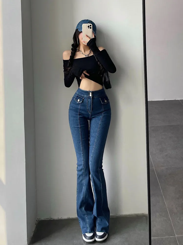 

WOMEGAGA Spring And Autumn New Retro Casual Style High Waist Tight Denim Flared Pants Solid Color Leg Length Women's WM62