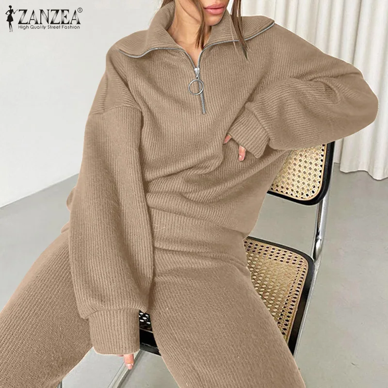 

Женский однотонный костюм ZANZEA на пуговицах, элегантный повседневный свободный костюм с длинными рукавами, праздничные эластичные брюки, ве...