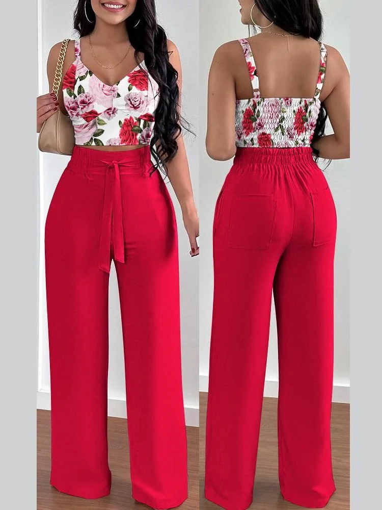 Костюм женский из топа с V-образным вырезом и брюк карманами