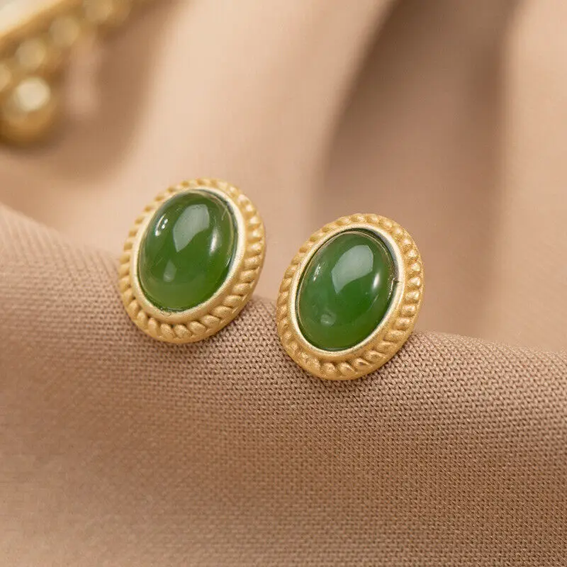 

Gold Over 925 Sterling Silver With Natural Green Jade Oval Stud Earrings 11x9mm