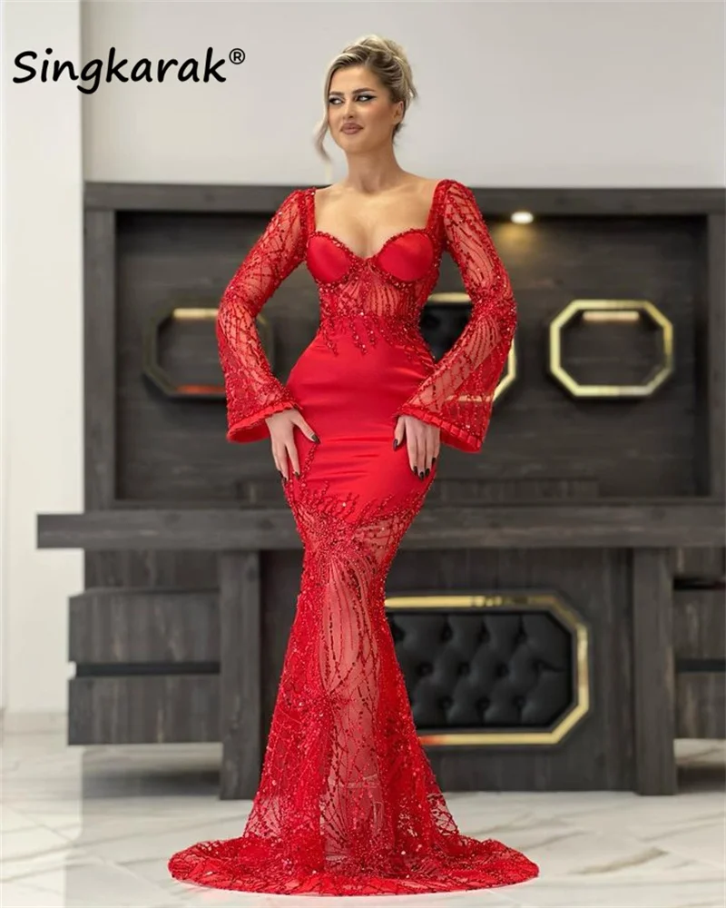 

Sparkly Beading Red Mermaid Evening Dress Long Sleeves Crystals Turkey Party Dresses Formal Gown Robe De Soirée Femme