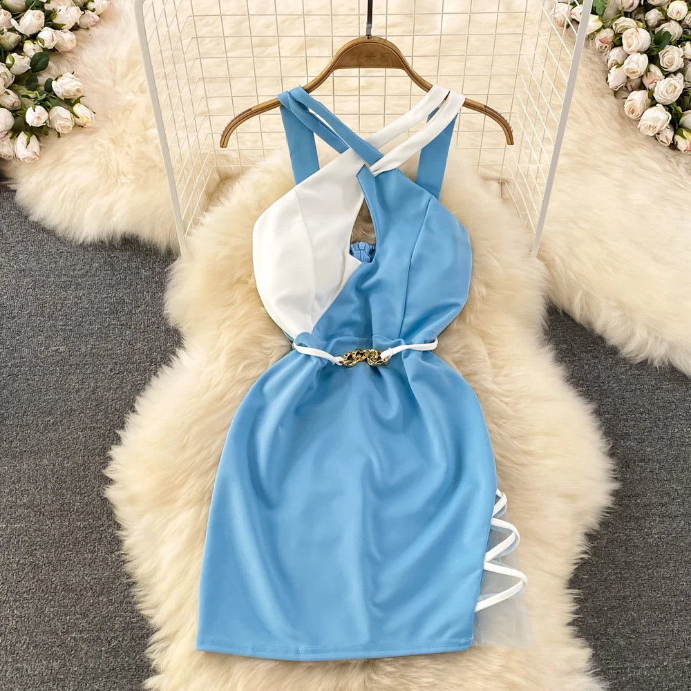 

Sexy Women Summer 2023 New Pure Desire Cross Halter Neck Contrast Print Slim Fit Cropped Hip Wrap Dress Mini Dress