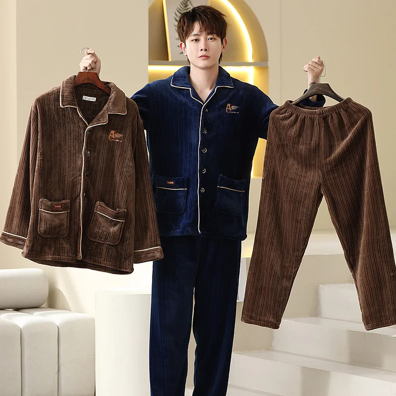 QUHENG Pajamas for Man Set Flannel 2022 Winter Plus Size Pijamas Pocket Buttons 2 Pieces Home Clothes Suits Pyjama Sleepwear