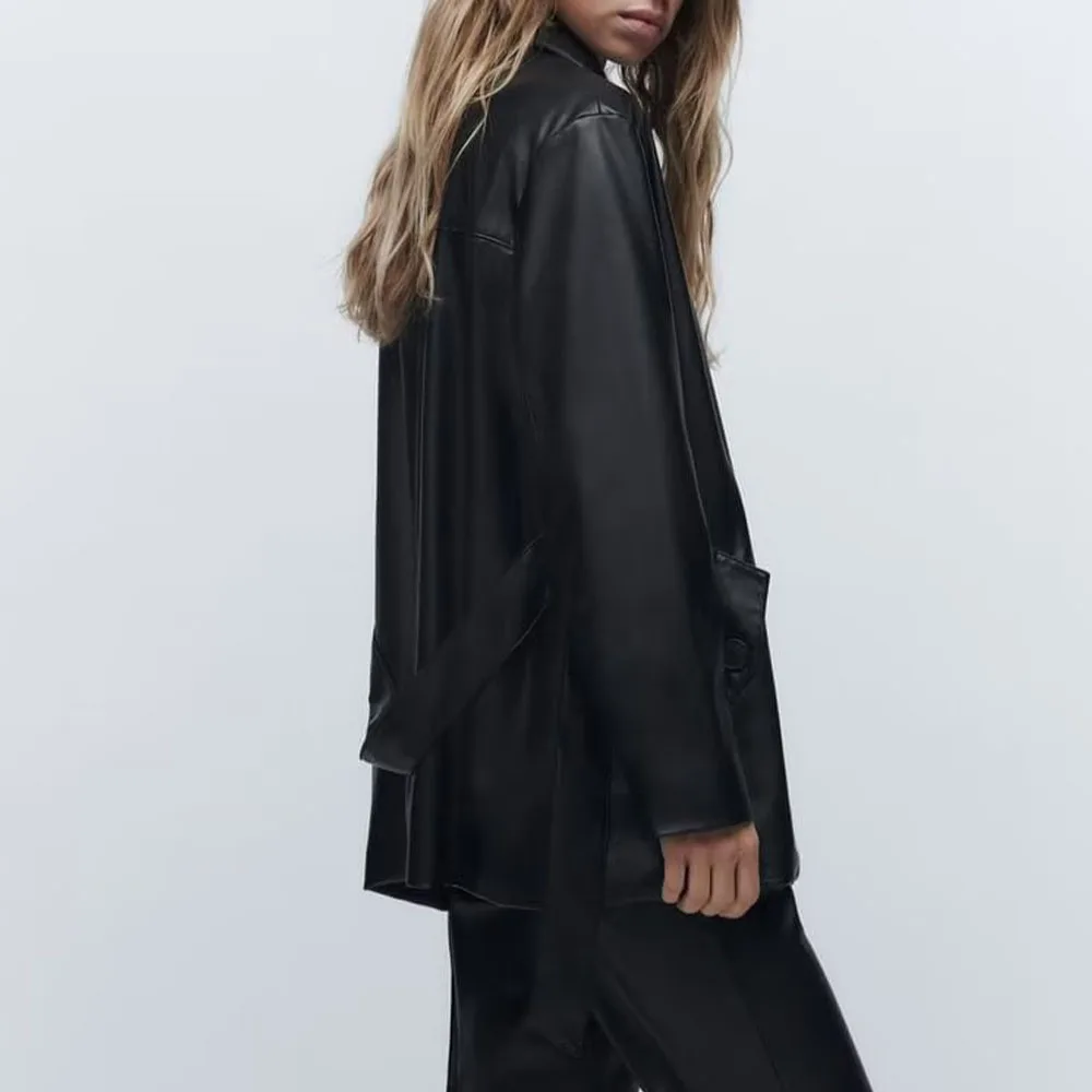 Autumn new fashion women's handsome versatile black lapel long sleeve with belt imitation leather shirt jacket