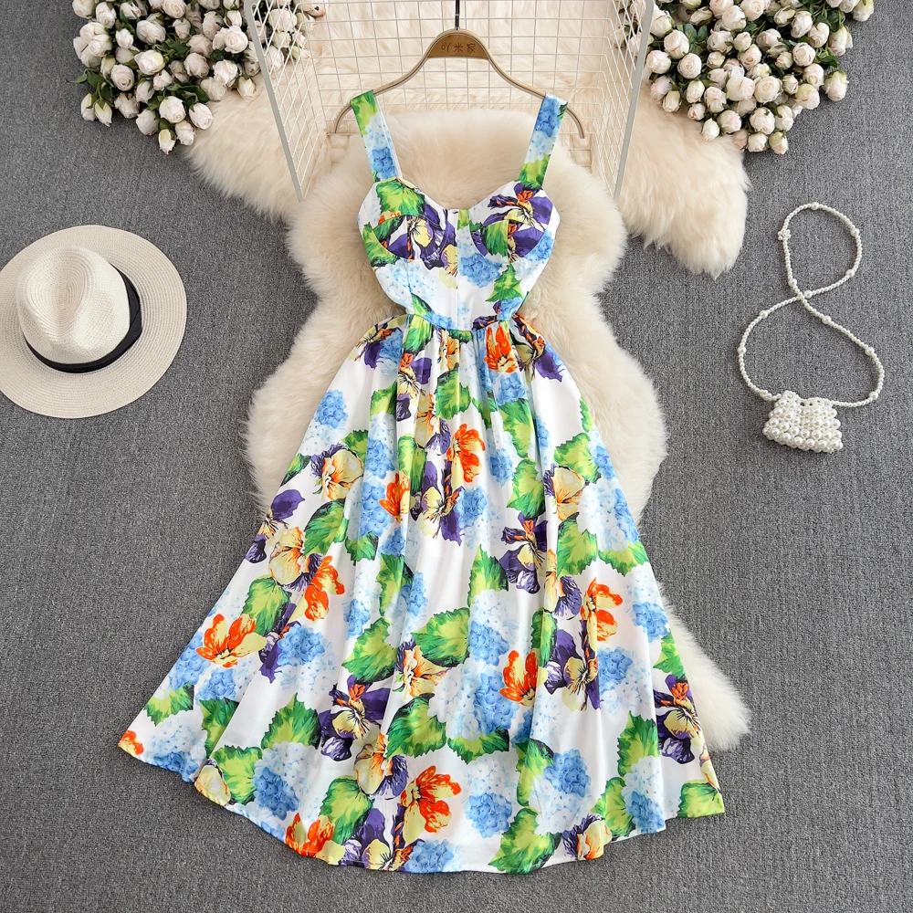 

2022 летнее Пышное Платье трапециевидной формы с тонким принтом и высокой талией, длинное платье без рукавов с открытой спиной на подтяжках