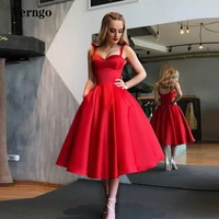 verngo simple a line satin homecoming party dresses straps sweetheart tea length prom evening dress pockets bride robe de soiree