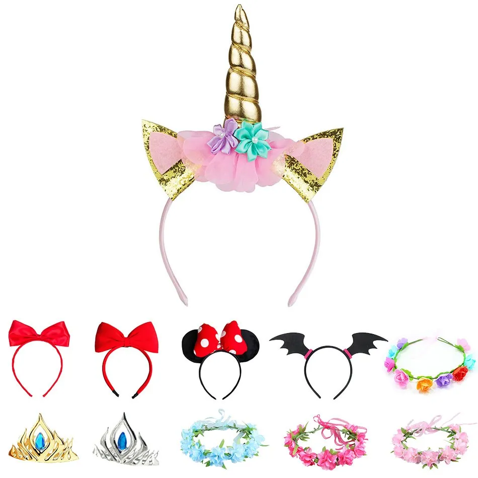 

Baby Girls Snow White Elsa Anna Mickey Unicorn Headband Princess Accessories Children Photo Props Kids Party Crown Hair Band