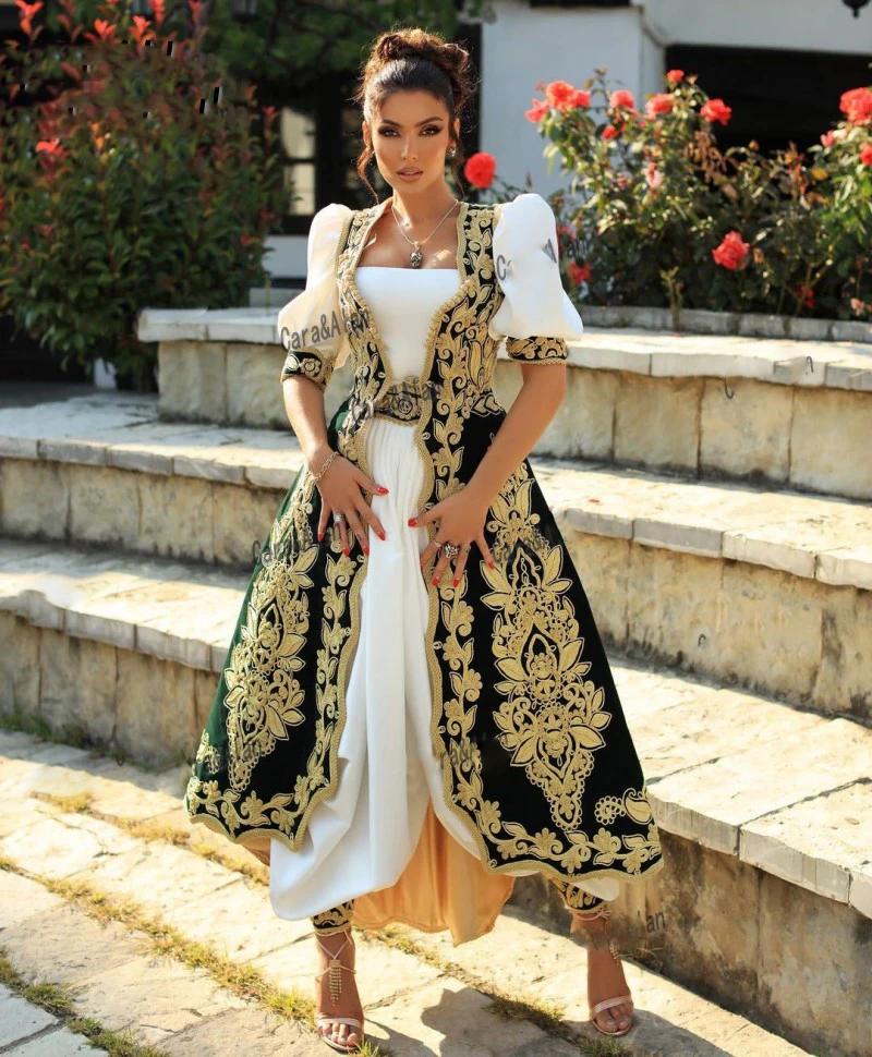 

Traditional Albanian Evening Dresses with jacket long sleeve ankle-length gold Lace Applique Kosovo Prom Party Gowns Outfits