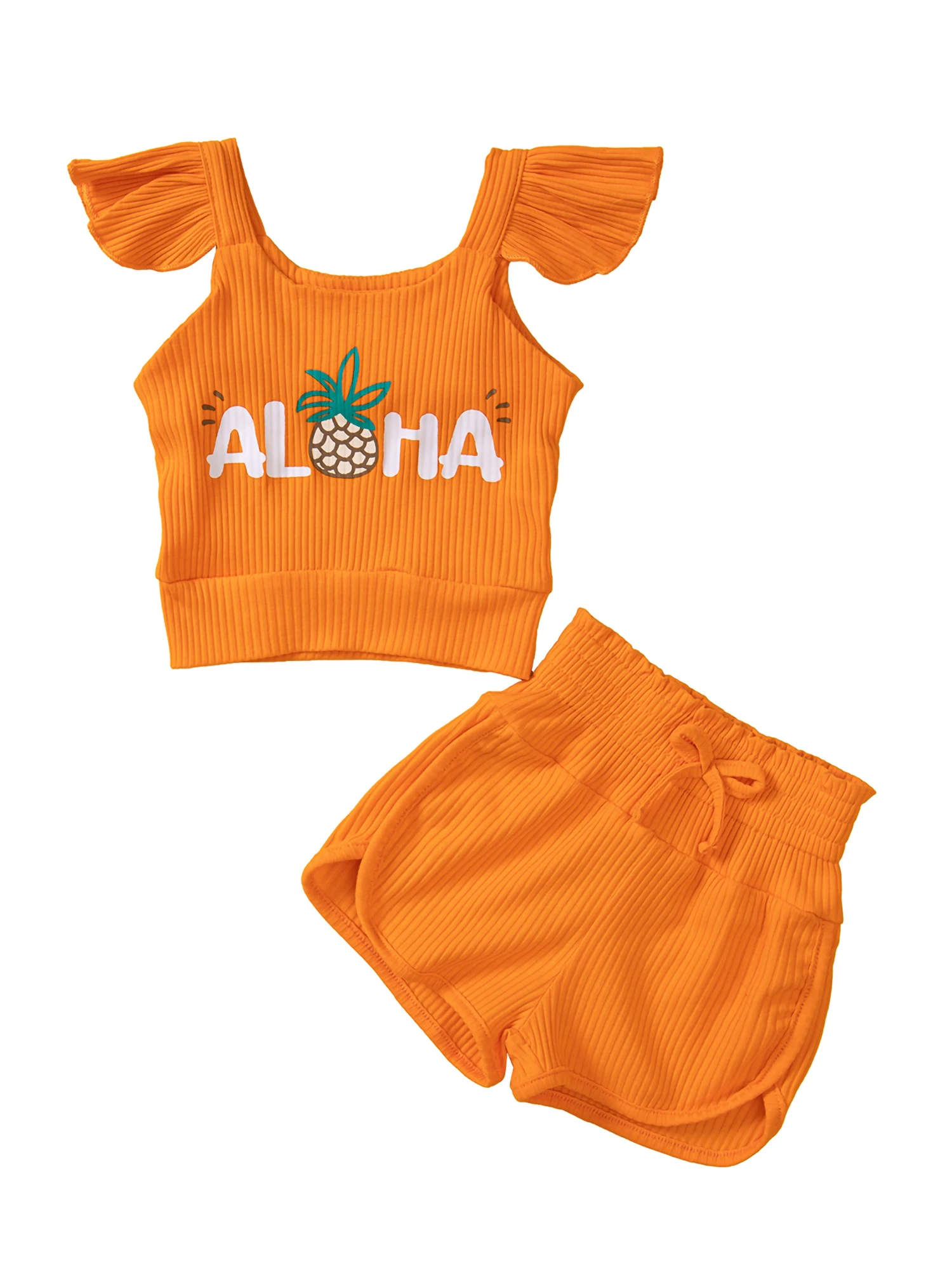 

Летние брюки для малышей, комплект из двух предметов, топ в рубчик с принтом ананасов и надписями, однотонные шорты на бретельках с бантом