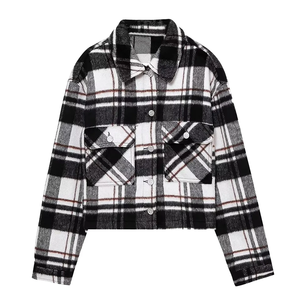 

Женская короткая рубашка в клетку на осень и зиму, Повседневная шикарная Женская модная куртка в стиле ретро с длинным рукавом и декоративн...