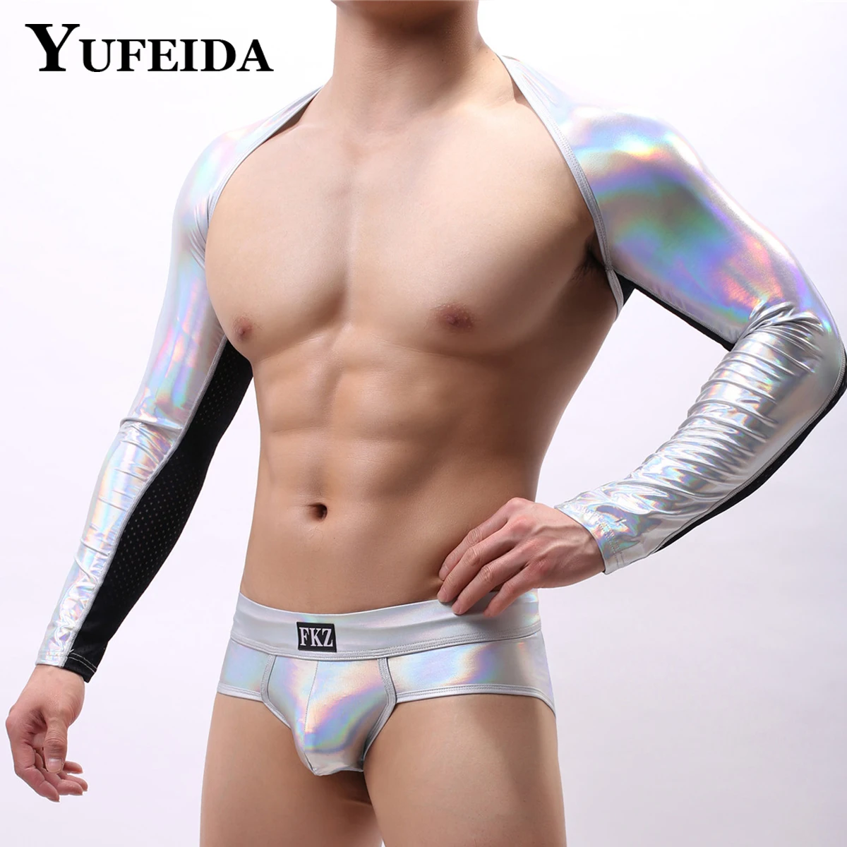 

YUFEIDA Man Shoulder Tops Shinny PU Leather Suits Sexy Patchwork Crop Top Shorts Sets Long Sleeve Men Harness Bodybuilding Suits