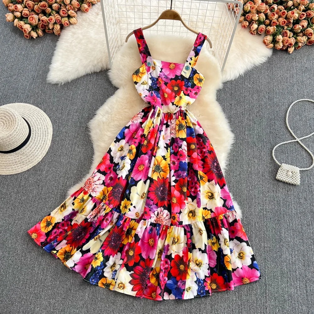

2022 Summer Dress Runway Beach Buttons Spaghetti Strap Flower Dress Women's Backless Floral Print Holiday Party Vestidos