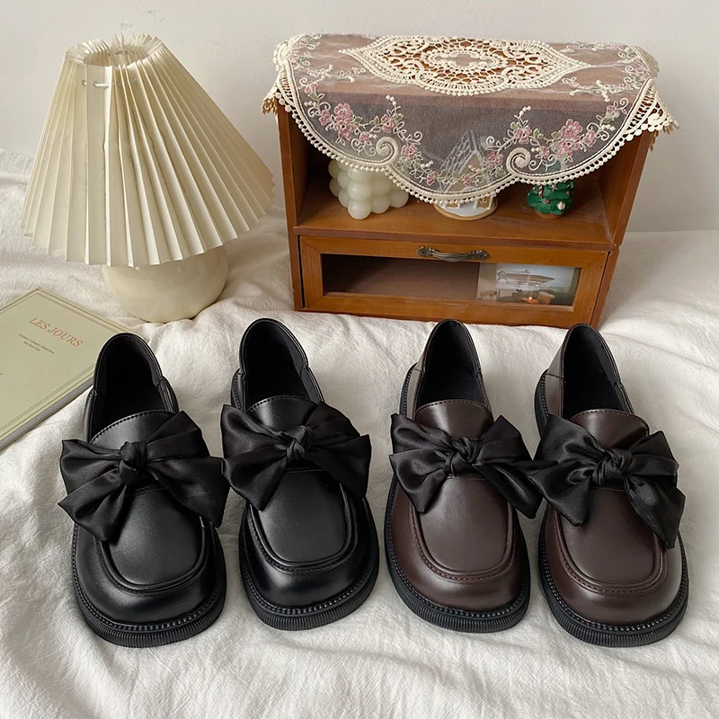 

Womens Derby Shoes Soft Loafers With Fur Round Toe Bow-Knot British Style Casual Female Sneakers Flats Leather New Slip-on Summe