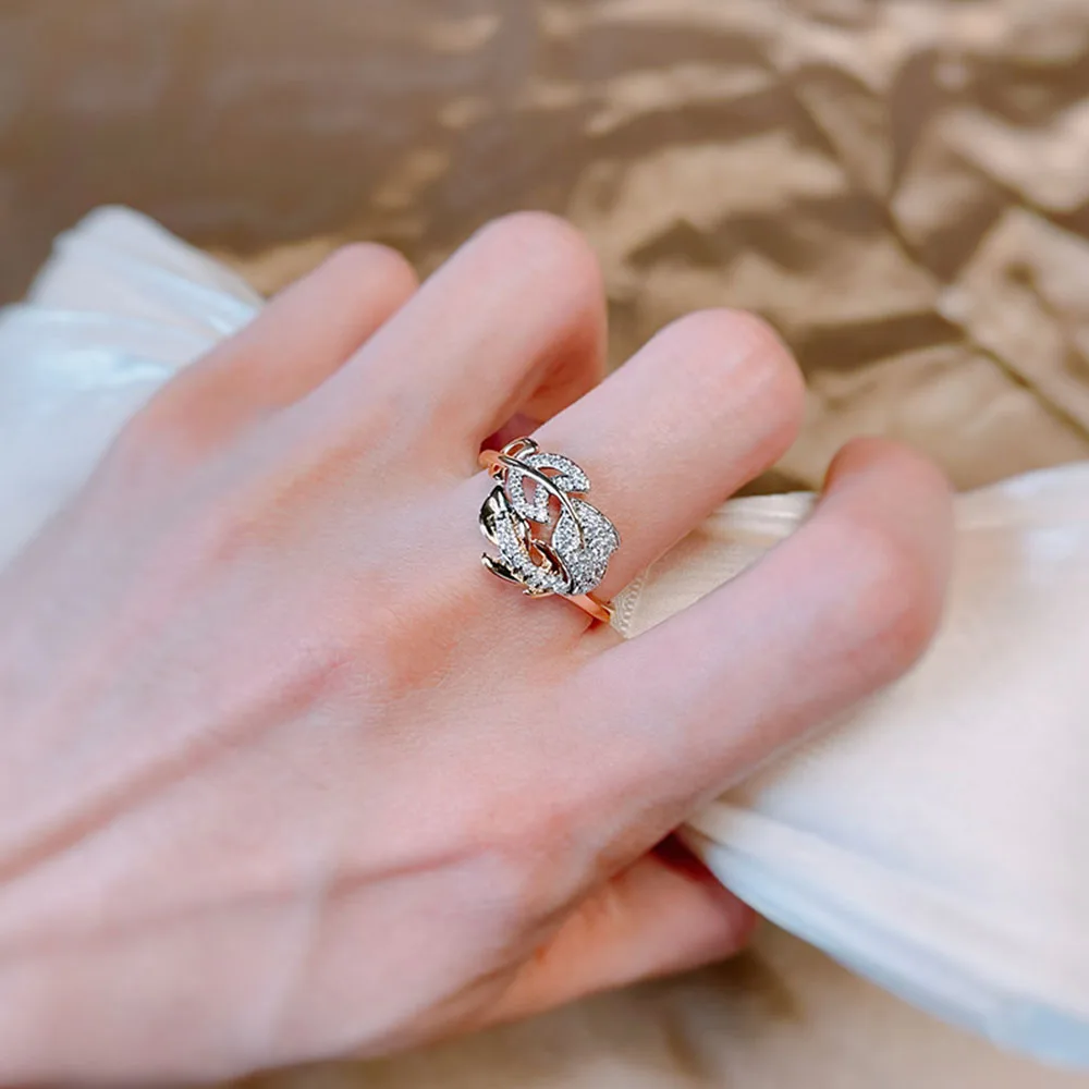 Vintage Designer Luxurious Ladies Ring Lady Temperament Zircon Diamond Ring Plated 585 Rose Gold Leaf Diamond Ring