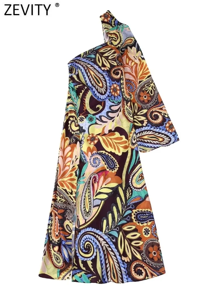 

Zevity Women Vintage One Shoulder Paisley Totem Floral Print Split Midi Dress Female Chic Long Sleeve Slim Court Vestidos DS2133