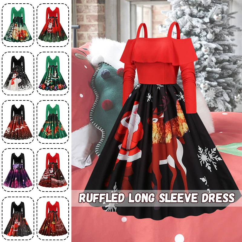 

Women Elegant Christmas Dress 50S 60S Big Swing Dresses Autumn Winter Snowman Santa Claus Print Dress Christmas Cosplay