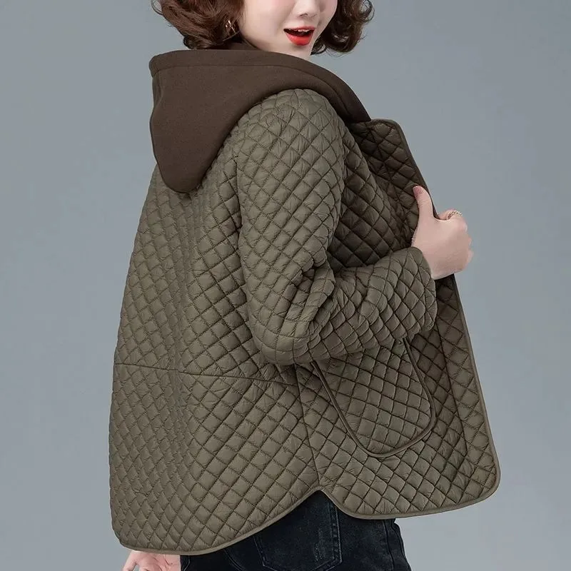 Short Hooded Women's Cotton Coat Autumn Winter Mother Outerwear New Loose Folder Cotton Thicken Lingge Ladies Keep Warm Jacket