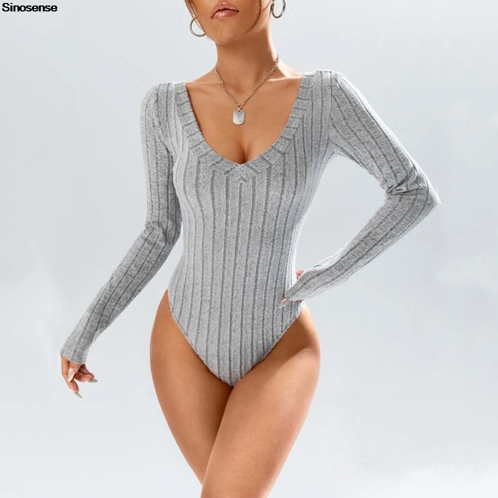 Женское боди с глубоким V-образным вырезом и длинными рукавами трикотажные