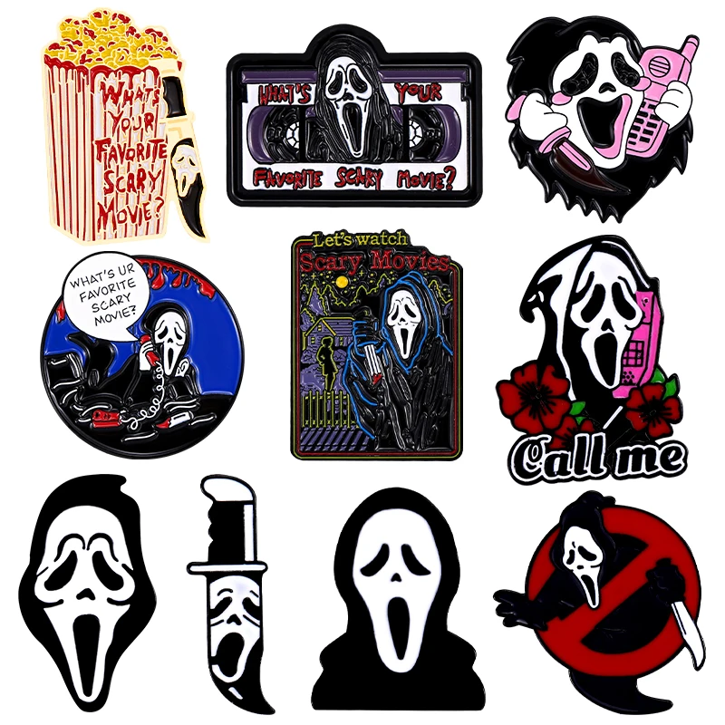 

Let's Watch Scary Movie Enamel Pin Punk Skelton Dagger Tape Call Me Brooch Lapel Badge Gothic Jewelry Gift for Friends