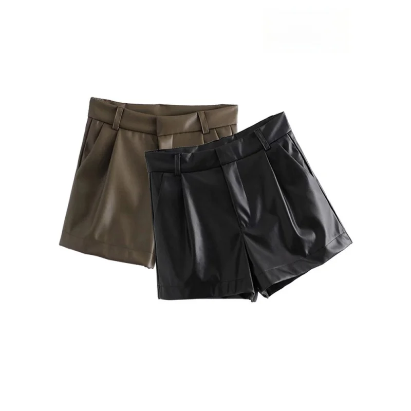 

Women Chic Fashion Side Pockets Faux Leather Shorts Vintage High Waist Zipper Fly Female Short Pants Mujer