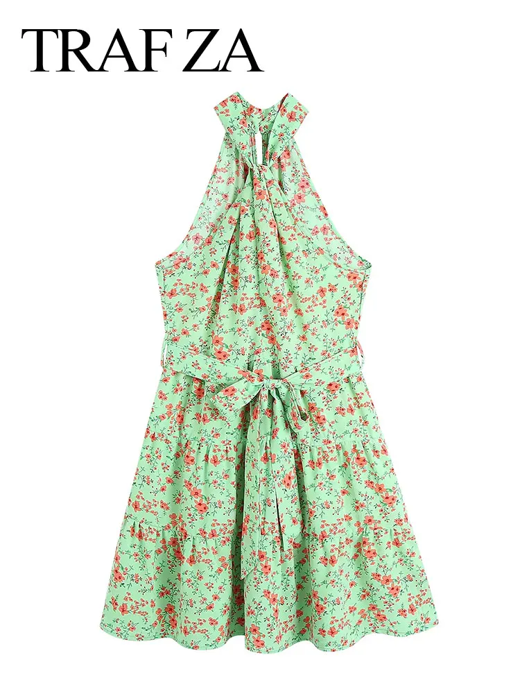 

TRAF ZA 2022 New Women's Sleeveless Sexy Lace-up Bow Small Fresh Floral Skirt Cute Girl Holiday Rural Style Street Daily Top